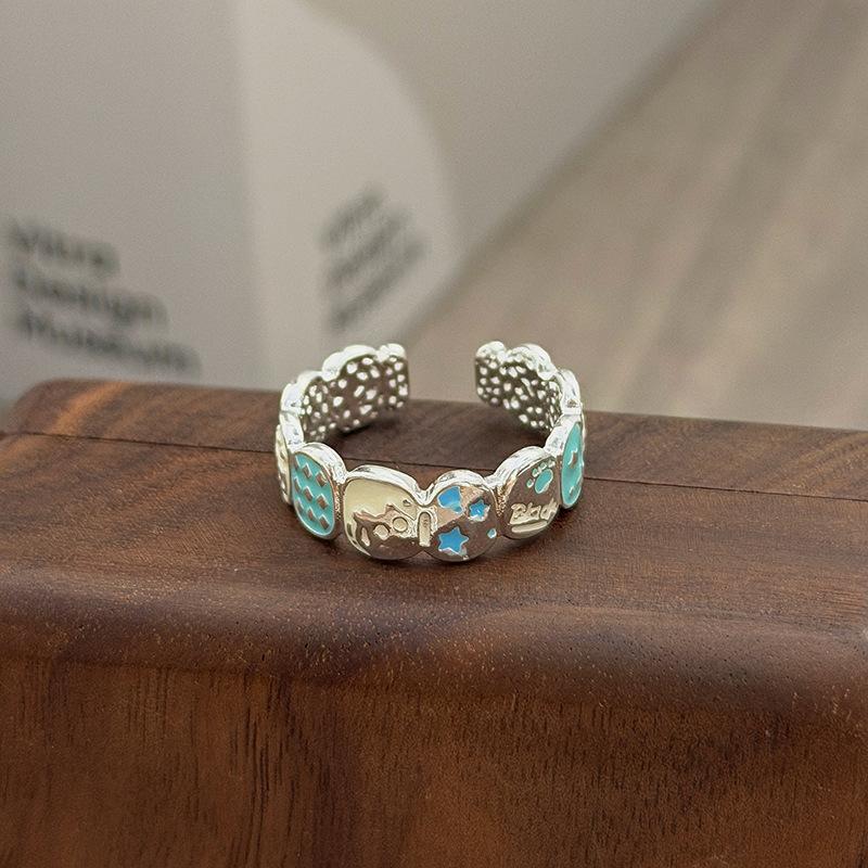 Niche High-End Sweet Sister Country Tide Style Colored Enamel Flower Retro Pattern Open Ring Stacked With Personalized Ring