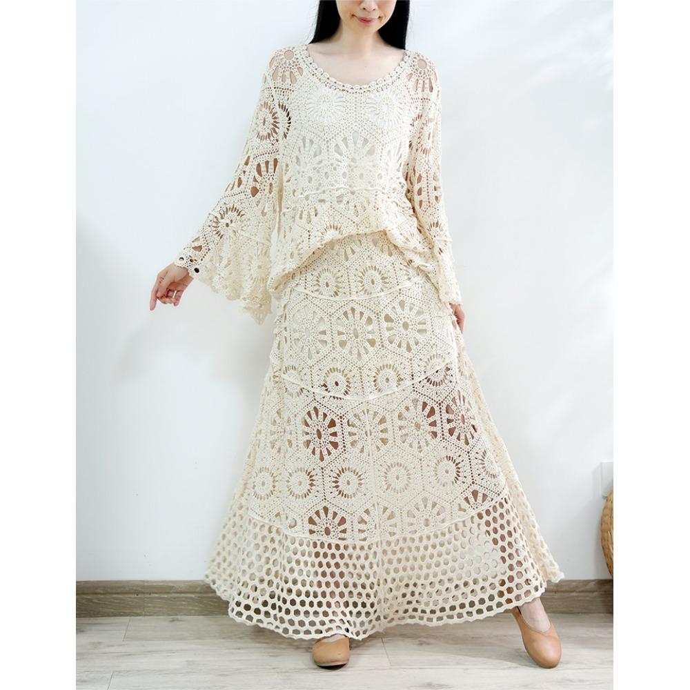 DIMANAF 2025 New Skirt Suit Women  Beach Short Sleeve Lace Knitting Hollow Out Sexy O-Neck Hollow Summer Tops Tees Loose Basic