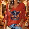 Women's V-Neck Casual Halloween Print Three-Quarter Sleeve Top