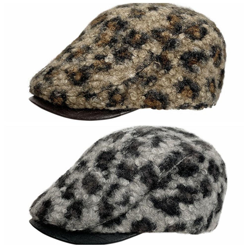 Pu Leather Brim Lamb Wool Berets Hat Keep Warm Women Newsboy Caps Retro Leopard Print Berets  Girl