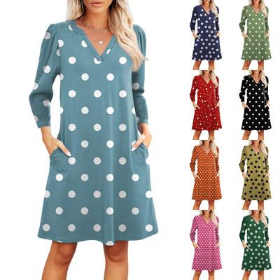 Women's Fashion V-neck Casual Beach Dress Three-quarter Sleeves Polka Dot Print Dress