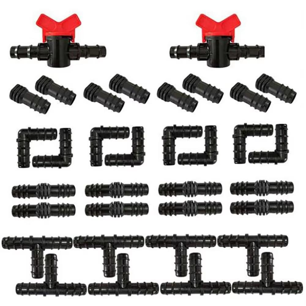 34Pcs Drip Irrigation Fittings Kit 1/2 Inch 16mm Tubing Straight Tee Elbow Plug Garden Watering Hose Connect Kit