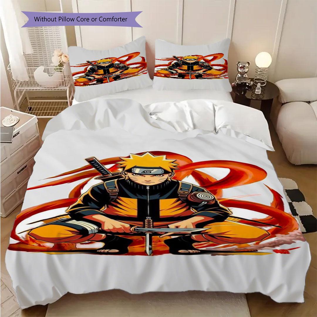 Three-piece Naruto anime print bedding set, including one duvet cover and one pair of pillowcases (filling not included). 135x200cm