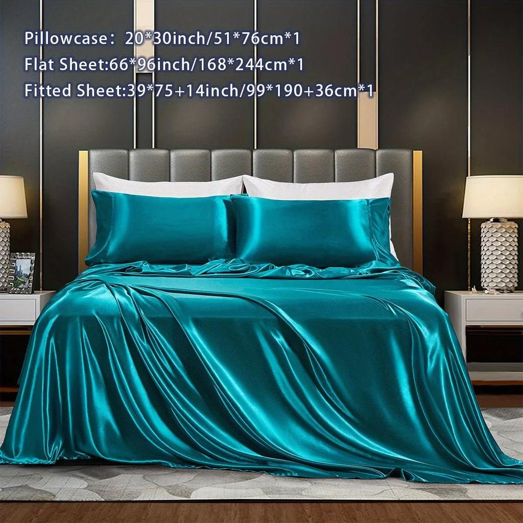 3/4Pcs Luxurious Satin Fitted Sheet Set Soft, Breathable, And Gentle On Skin Includes Flat Sheet, Fitted Sheet,Pillowcases