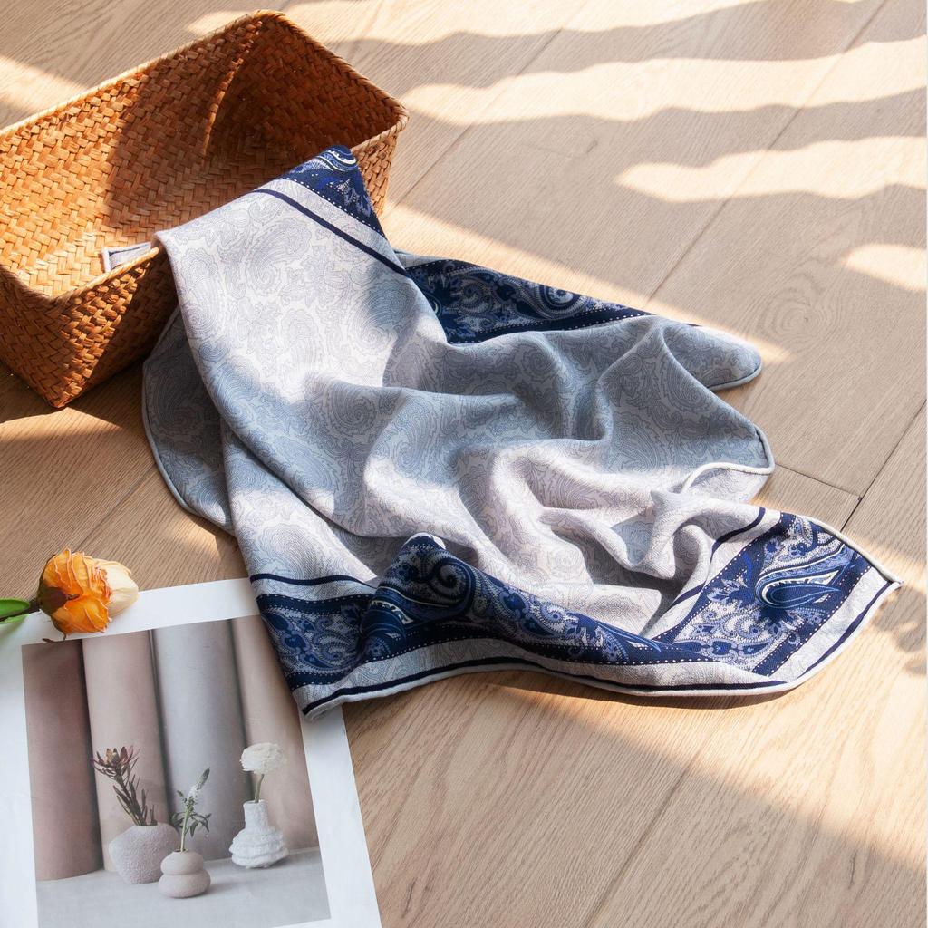 High-End Chinese Blue Silk & Wool Scarf with Celadon Print - Hand-Rolled, Square Neck Tie & Shawl