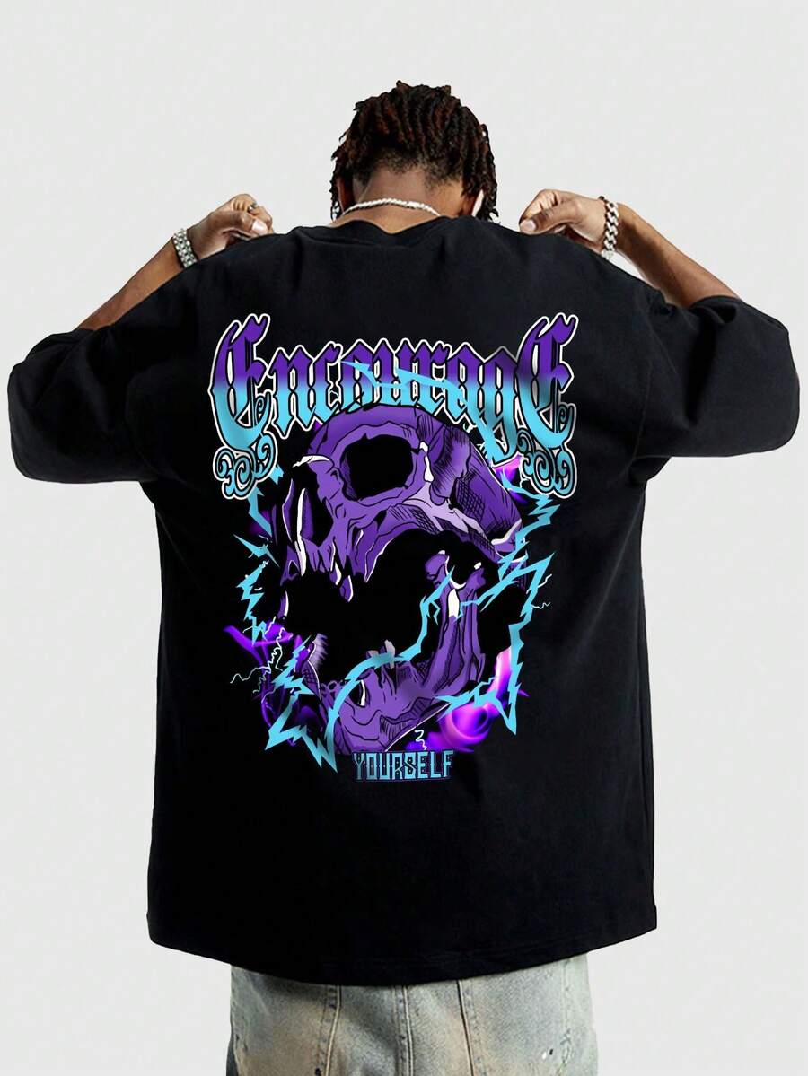 ROMWE Unisex Street Life Unisex Skull Graphic Drop Shoulder Y2k T-Shirt L