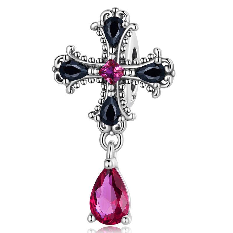 WOSTU 925 Silver Vintage Gothic Black Rose Flower Heart Beads, Retro Pearl Pendant Rainbow Charms Fit DIY Jewelry Make