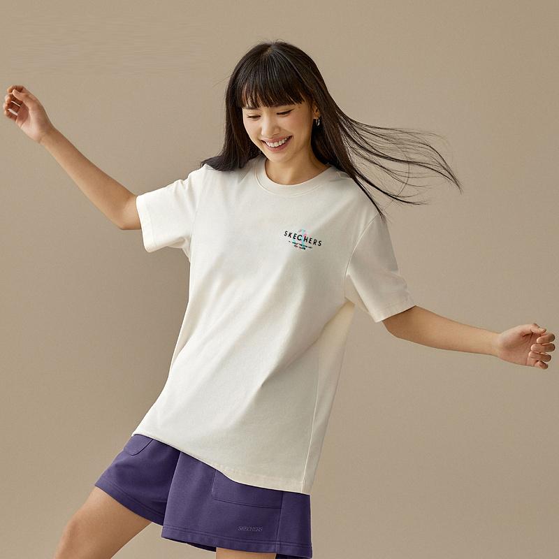 Skechers Fashionable Versatile Printed Round Neck Short Sleeve T-Shirt Unisex Tops Cotton-Candy-White L224U181-0074