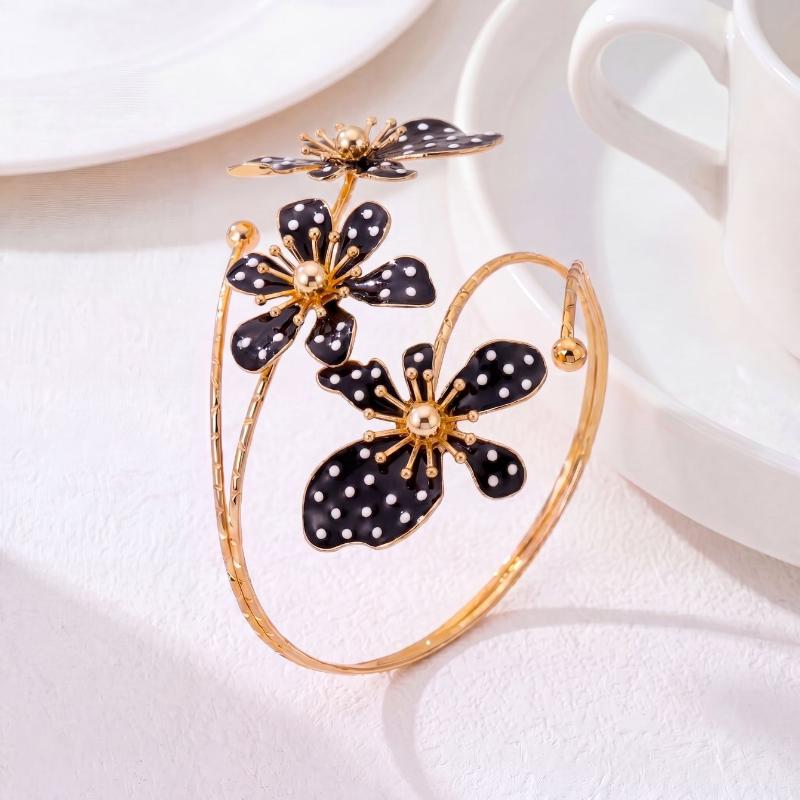 Gold Plated Cuff Bracelet Red White Polka Dot Enamel Flower Non-Irritating Jewelry for Women Daily All-Match Wear