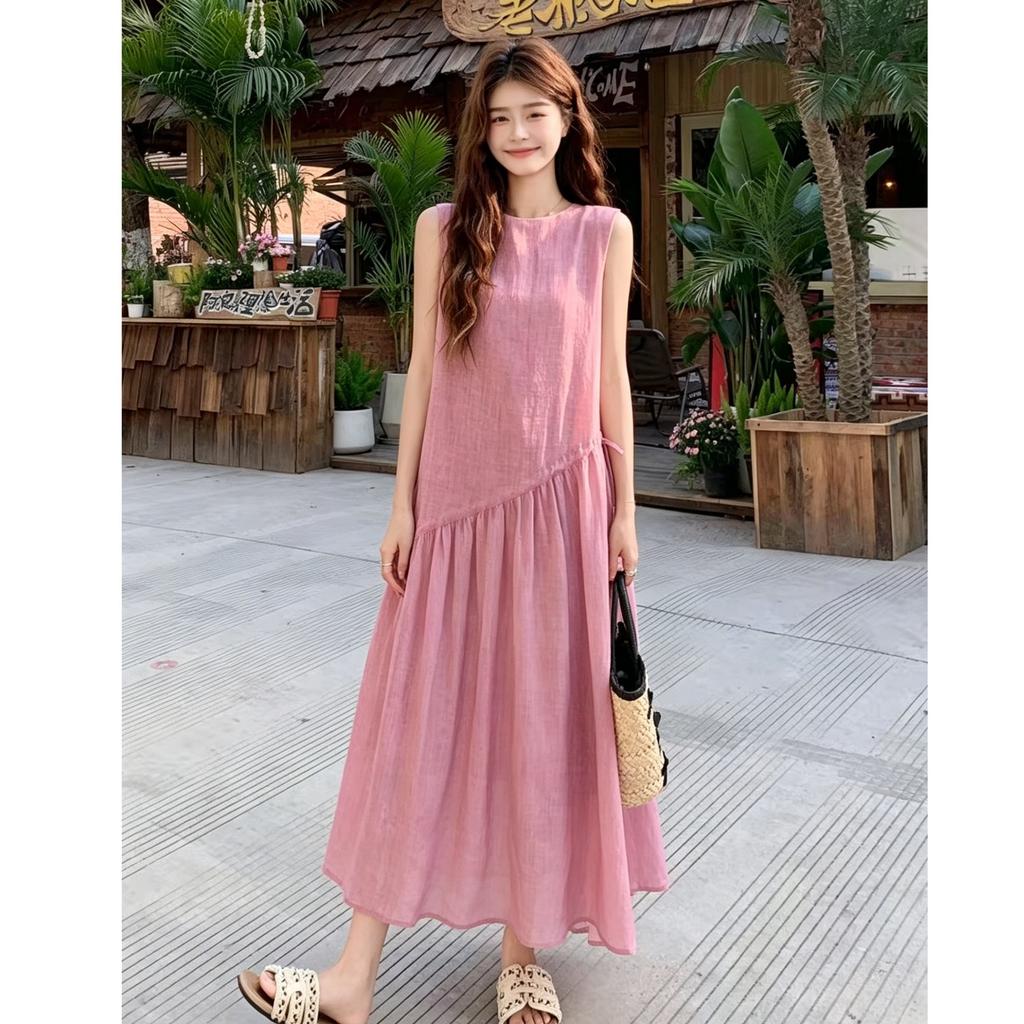 Lazy Wind Pink Cotton and Linen Sleeveless Dress Women's Summer Loose and Thin Temperament Vacation Travel Photo Long Dress Tide