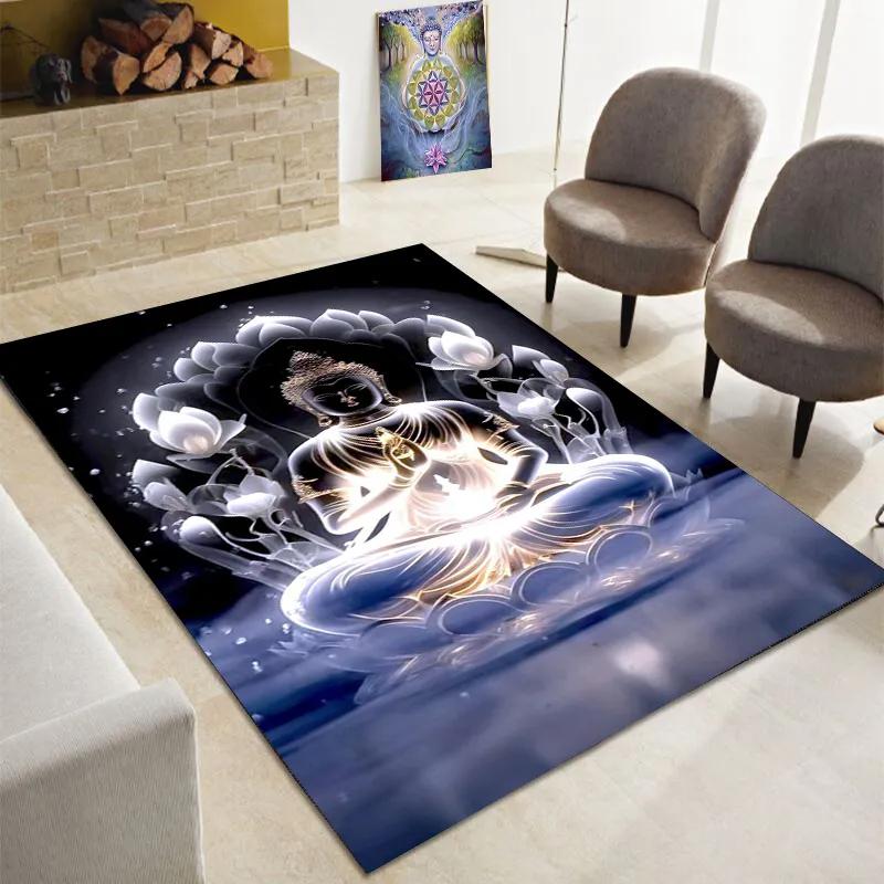 Buddha Teppich, Buddhismus Bereichsteppiche für Schlafzimmer Wohnzimmer Eingangsbereich, Buddha Statue Muster Meditation Bodenmatte Rutschfester Yoga Teppich