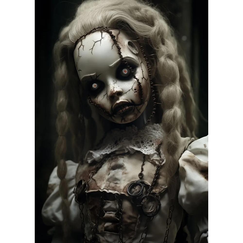 Vintage Gruselige Puppe Poster Blondes Haar Rissiges Gesicht Gotische Verfluchte Puppe Drucke Leinwandbild Wandbild Heim Wohnzimmer Dekor