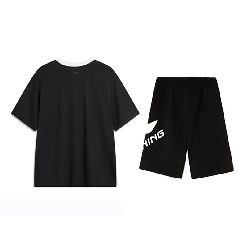 Li-Ning American Vintage Versatile Loose Short Sleeve Letter Comfortable Lightweight Shorts Casual Sports Suit Unisex Suit Black YHSV367-2+AKSU911-1
