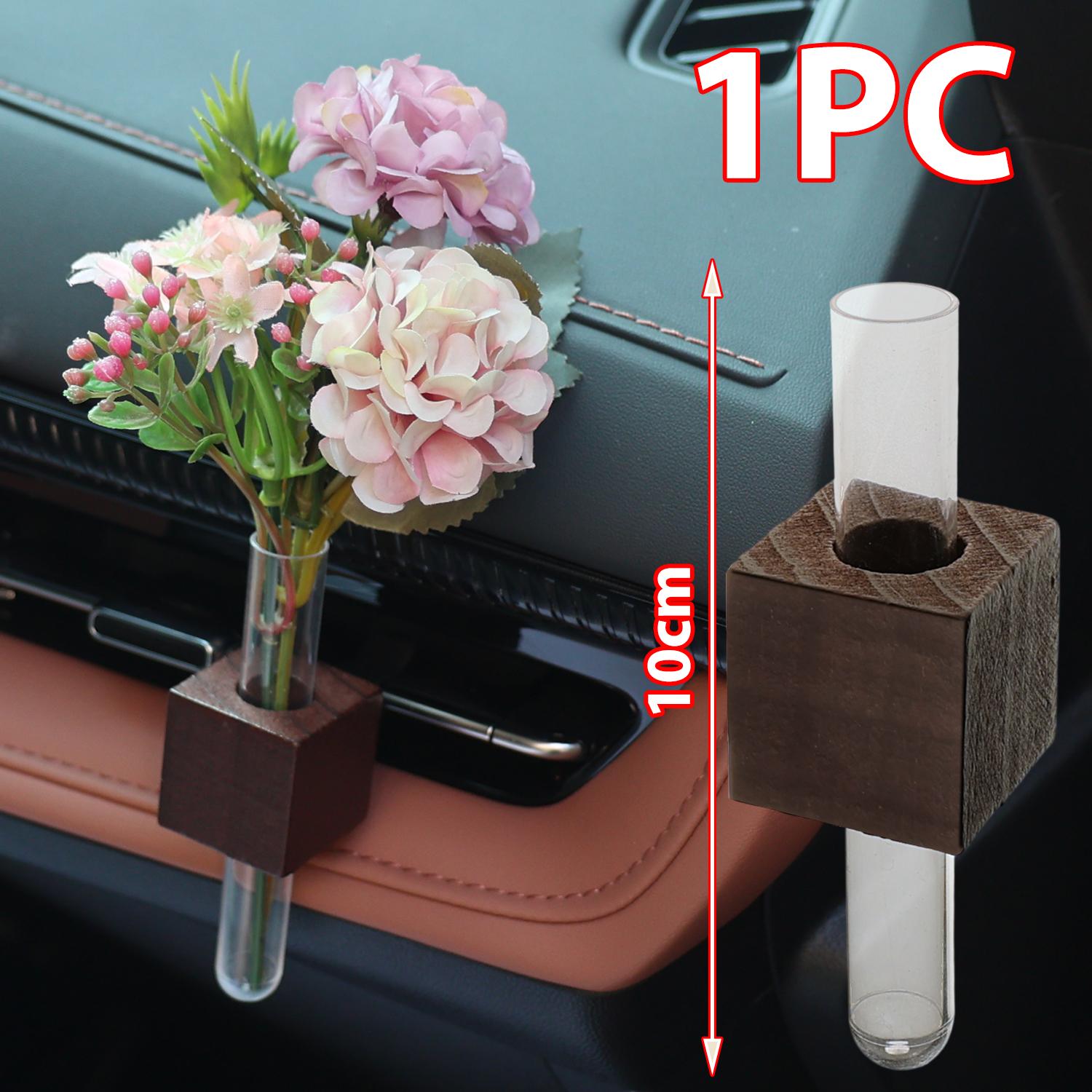 

New Mini Car Flower Vase Clip Elegant Adjustable Car Vent Flower Vase Walnut and Glass Creative Car Vent Decor Dashboard