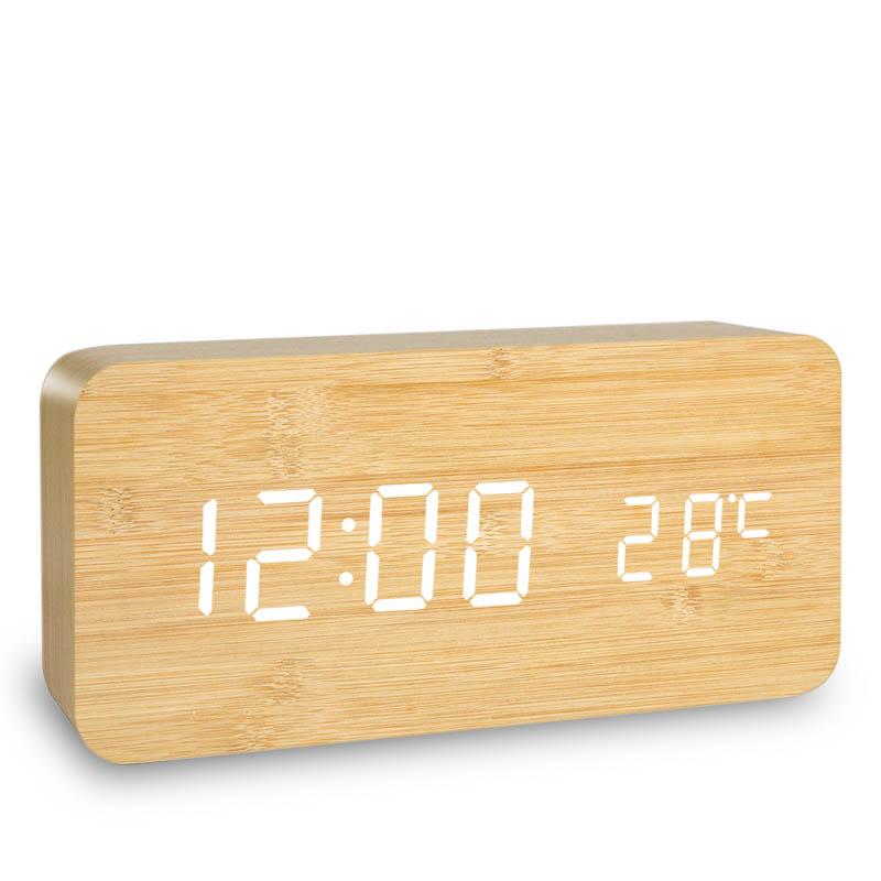 Voice Control Wooden Digital Alarm Clock TEMP Date Table Clock 3 Alarm 2 Display Modes 12/24H Power Outage Memory LED Clock