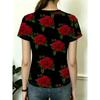 Women's T-shirt with Red Rose Full Print Retro Romantic Round Neck Top