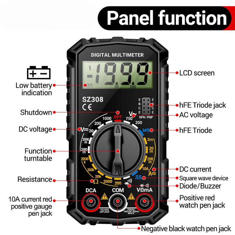 2026 SZ308 1999 Count Digital Multimeter AC/DC High-Precision Multi-function Voltage Current Resistance Multimeter Tester Tools
