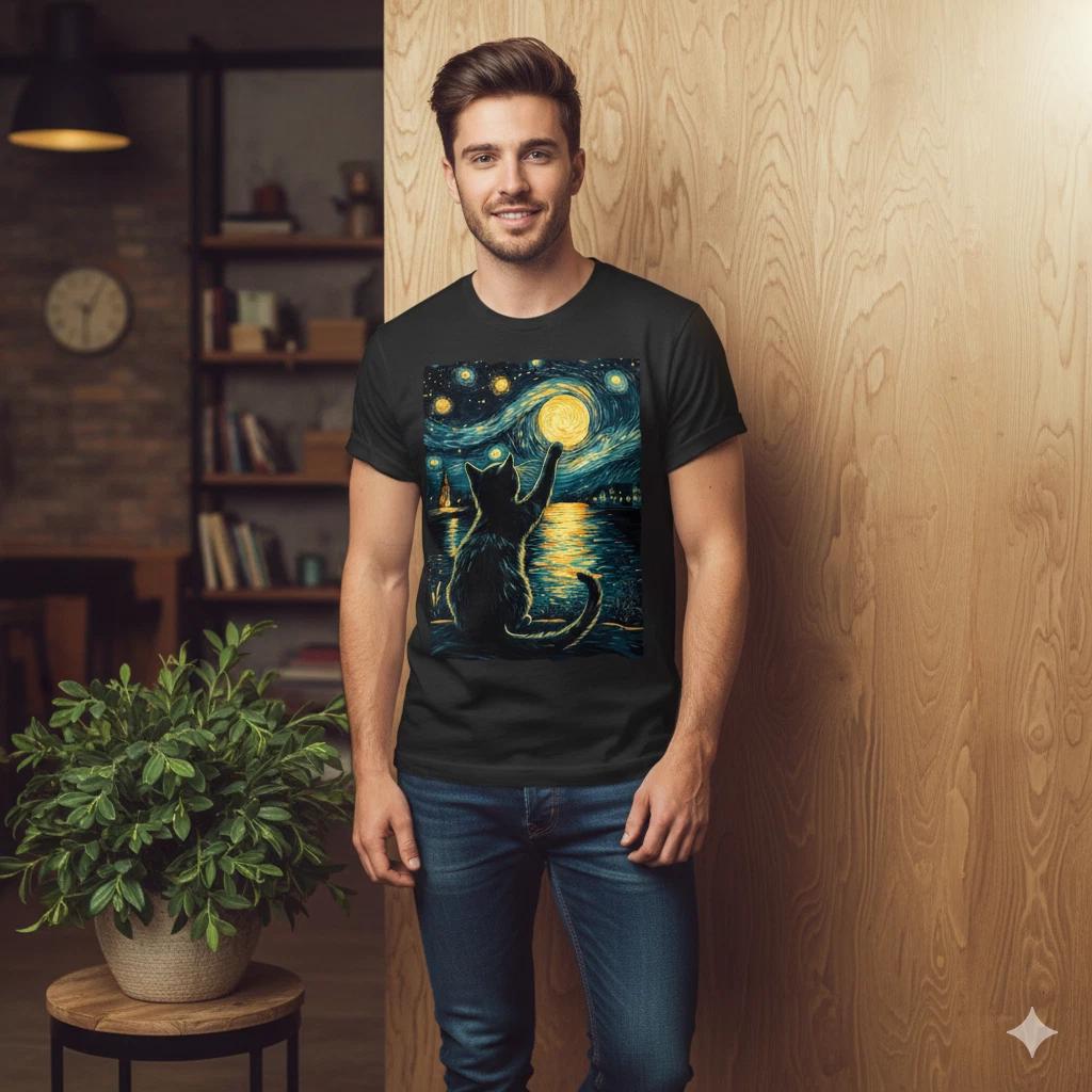 Unisex Adult Casual Graphic Cat Moon Art T-Shirt Starry Night Style... XXXL