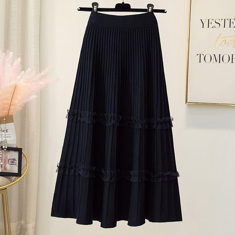 Pleated Skirt for Women Autumn and Winter High Waisted Mid Length Knitted Skirt A-line Skirt