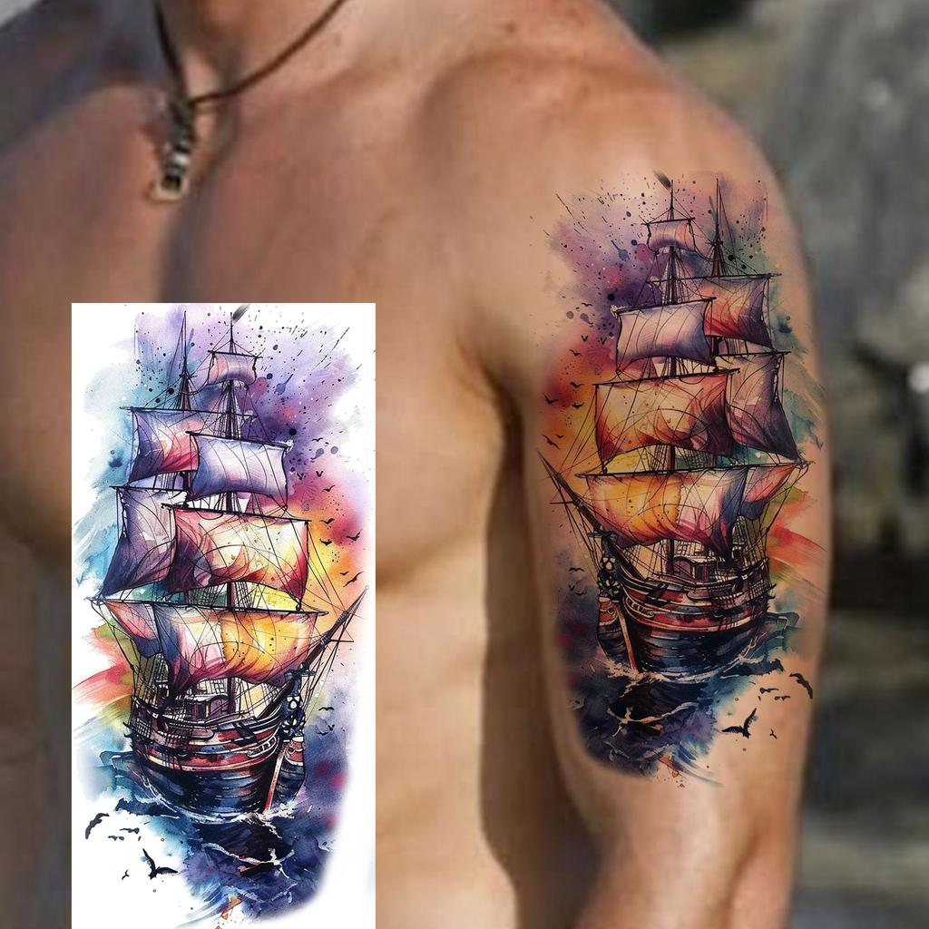 1 Foglio Impermeabile Nave Pirata Vela Tatuaggi Temporanei Per Uomo Donna Bussola Realistica Orologio Tatuaggio Finto Adesivo Lunga Durata