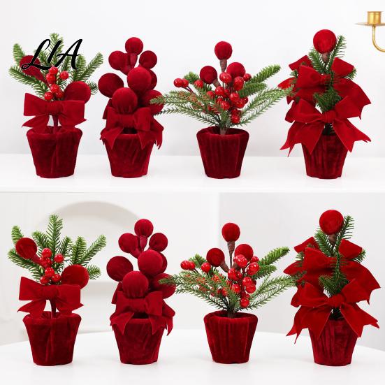 Holiday Table Plants Velvet Christmas Ball Potted Plants, Mini Tree with Artificial Pine, Desktop Red Berry, Fabric Bow, Tabletop Centerpiece for Xmas