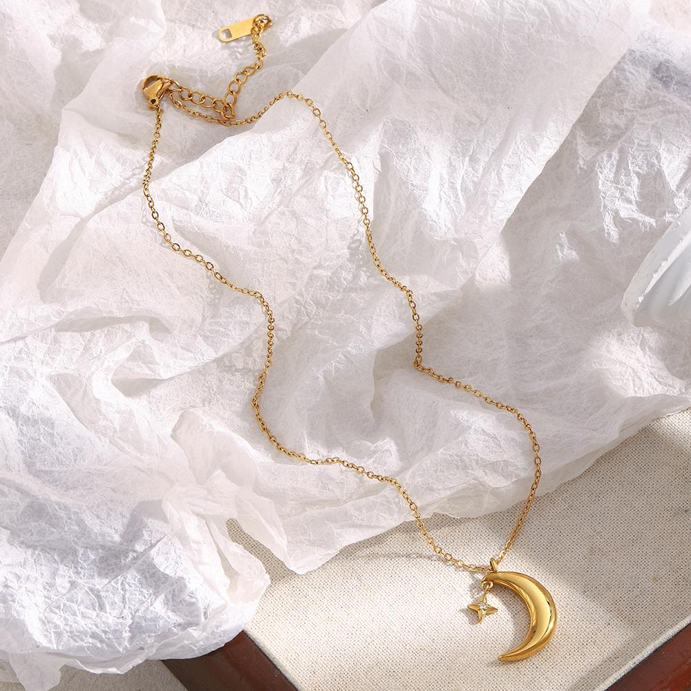 18K Goldplattiertes Edelstahl Mond Stern Anhänger Halskette mit Gliederkette Zirkon Trendiger Minimalistischer Schmuck für Jahrestag Geschenk