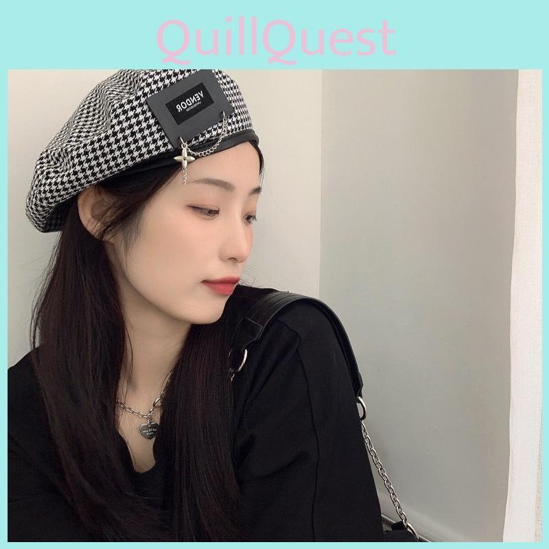 Houndstooth Stylish Japanese Beret Hat For Women With Unique Patch Metal