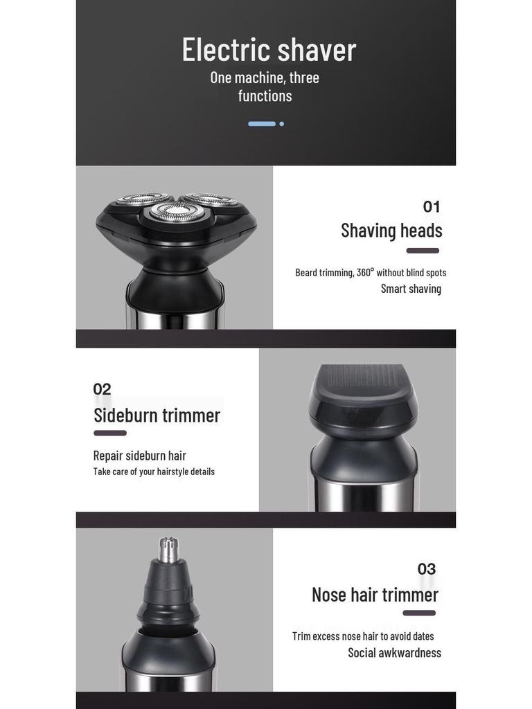 Men's 3-in-1 Electric Shaver with Digital Display, Water-Washable 3D Floating Cutter for Beard