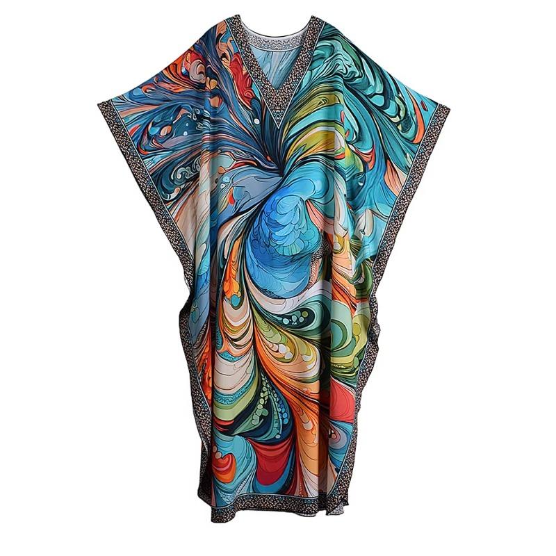 

XITAO Bat Wing Sleeve V-neck Vintage Dress GJ1195 One Size синий