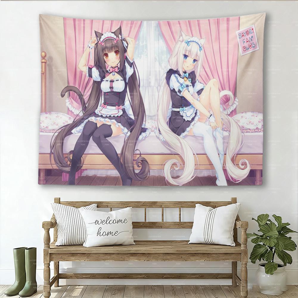 Nekopara Anime Kawaii Wall Tapestry Psychedelic Pink Decor for Girls Dorm Bedroom