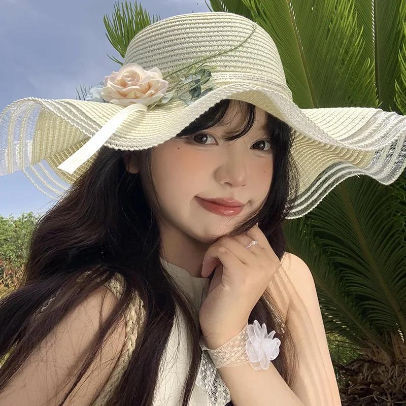 Wave Edge Flower Woven Straw Hat Women's Summer French Seaside Vacation Sun Hat Large Brim Shading Sun Protection Hat