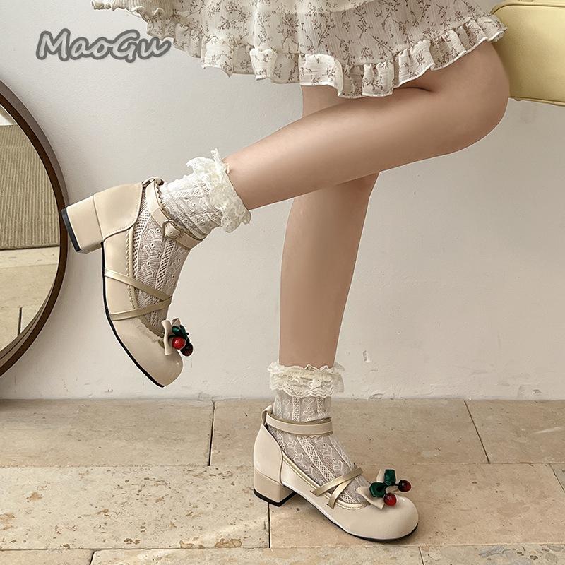 Fashion Cute Women Mary Jane Shoes Elegant Butterfly-knot Cherry PU Leather Thick Heel Ladies Footwear Women's Lolita Pumps Mid Heeled
