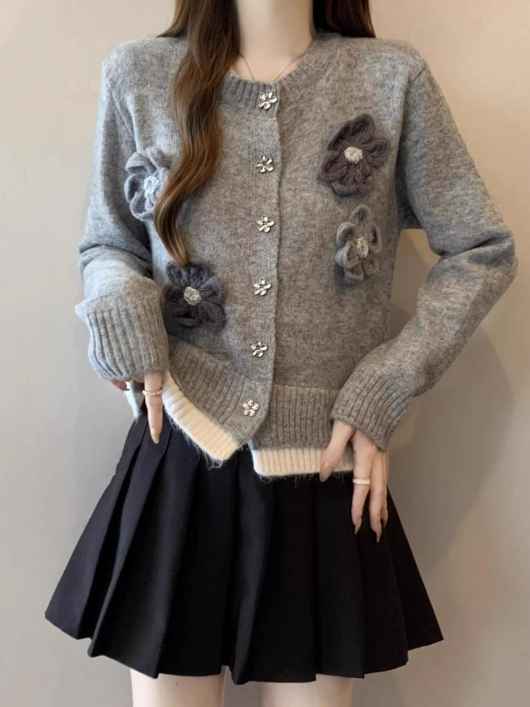 Gray Soft Waxy Knitted Cardigan Sweater Jacket Women's Design Sense Niche High Sense Temperament Top Small Short