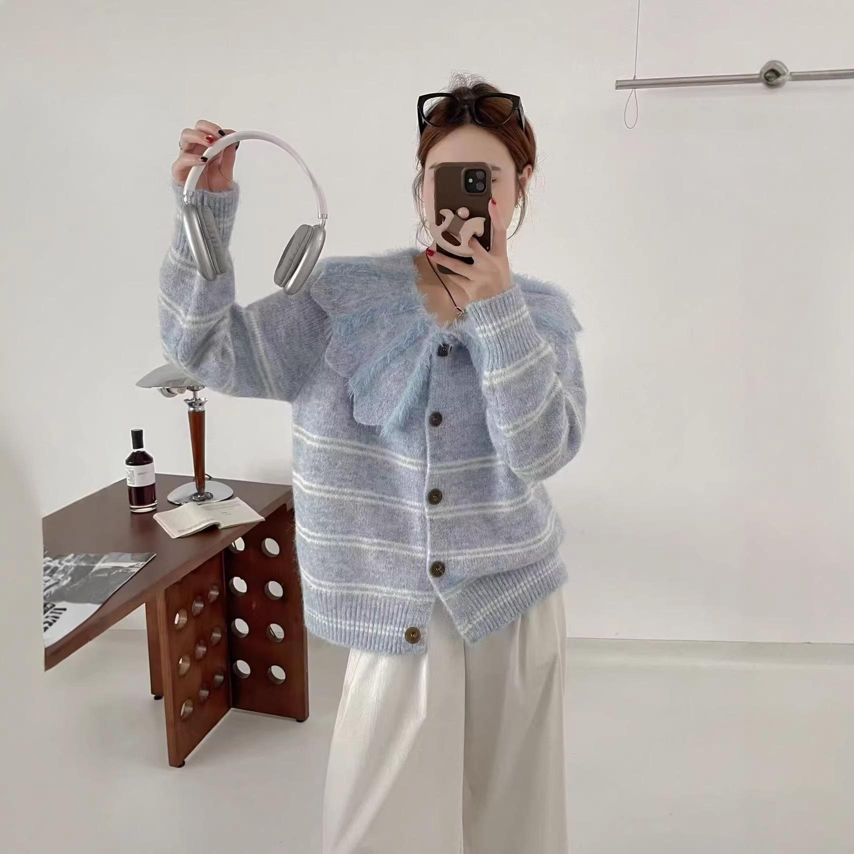 Корейский полосатый вязаный кардиган вязаный свитер для женщин весенний новый товар S синий