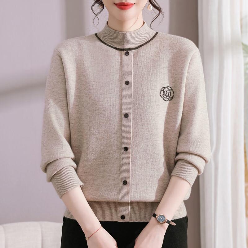 Hengyuanxiang Women's Long-Sleeved Embroidered Stand Collar Knit Pullover