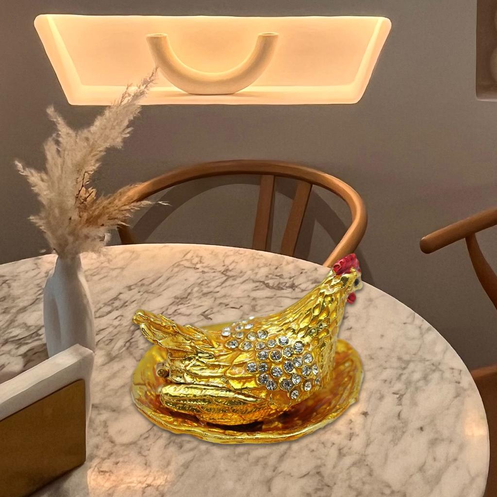 Traditional Chinese Rhinestones Metal Hens Laying Eggs Figurines Fengshui Ornament for Home and Office Desktop Decors