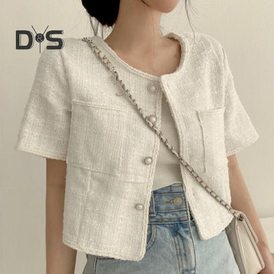 Women Coat Blazer French Style Elegant Short Sleeve Short Type Single Breasted Color Matching Spring Fall Jacket