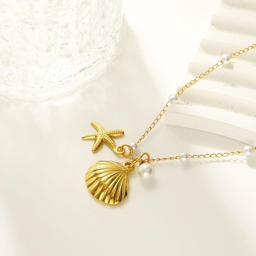 Sweet Starfish Shell Collarbone Chain Seaside Vacation Women Pearl Pendant  Summer