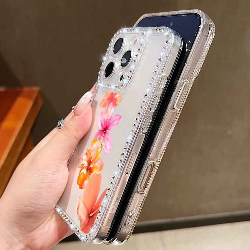 Pink Flowers Bling Diamond Case For iPhone 17 Air 16e 16 14 15 13 12 Pro Max 15 16 Plus 11 Glitter Soft TPU Silicone Phone Cover