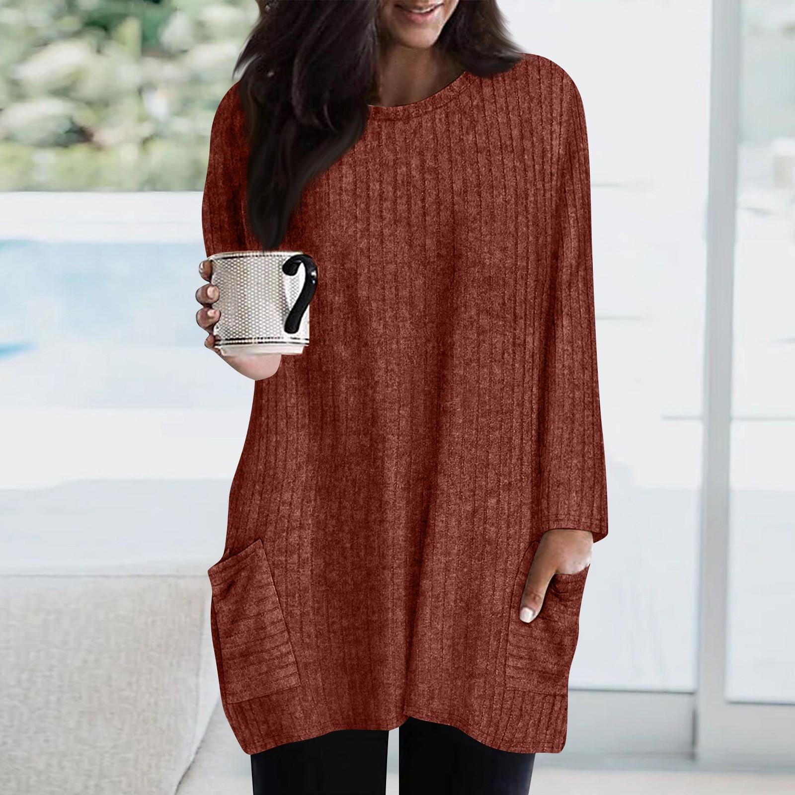 

Свитшоты для женщин с длинным рукавом и круглым вырезом, пуловеры, повседневные однотонные туники с карманами M оранжевый