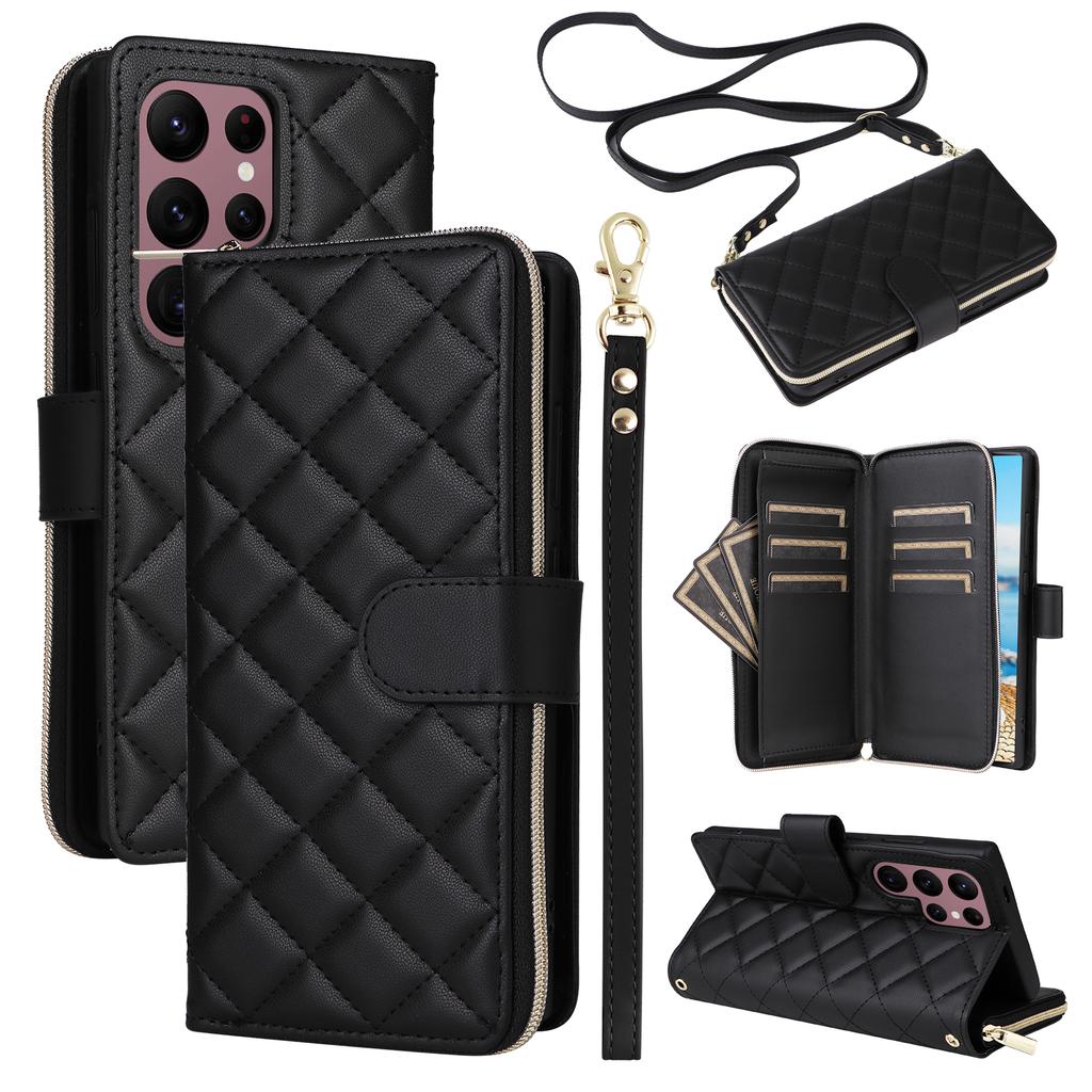 For Samsung Galaxy S22 Ultra 5G Case Rhombus Grid Leather Phone Cover with Zipper Pocket