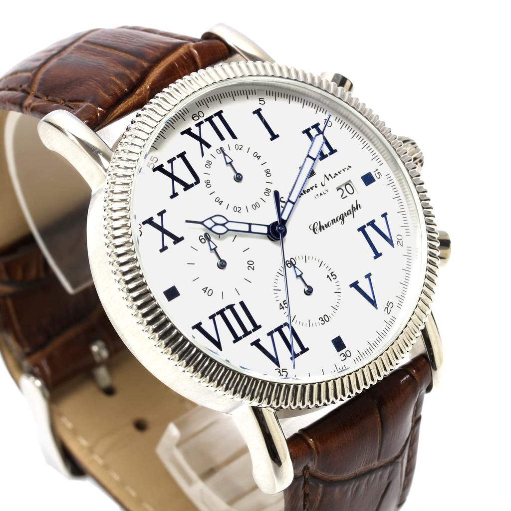 Klokke Chronograph Lærreim 5 ATM Vanntett Hvit Mørkebrun [Salvatore Mara] Herre SM19109-SSWHDBR2