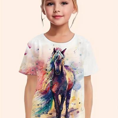 Children's Animal Horse Pattern 3D Digital Printing Girl Casual and Comfortable Round Neck Short Sleeved T-shirt