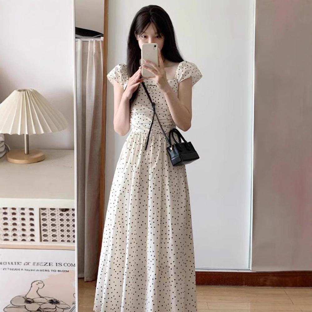 French Seaside Vacation Style Small Flying Sleeves Polka Dot Dress Summer Women's New Thin White Dress