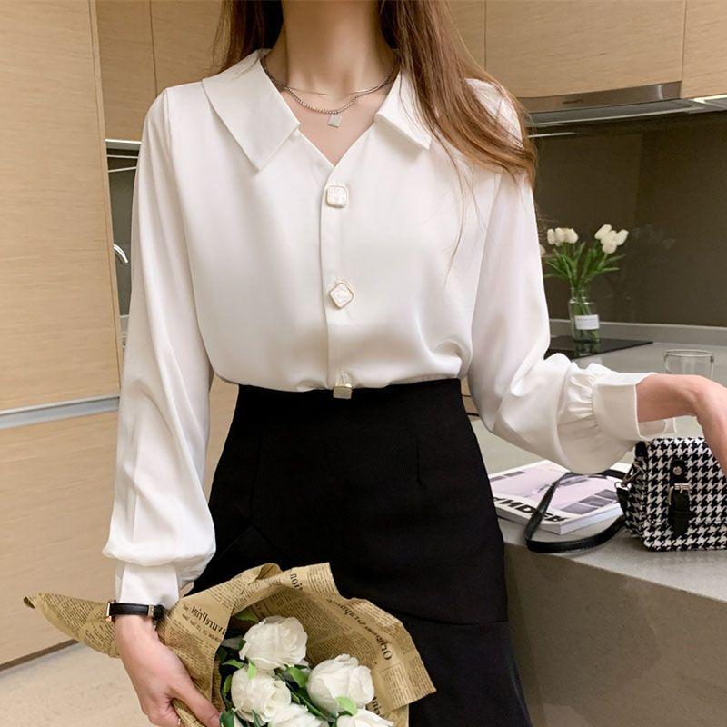 Small 1116 Spring and Autumn Thin Shirt V-Neck Chiffon White Shirt Women's Long Sleeve Loose Versatile Solid Color Top