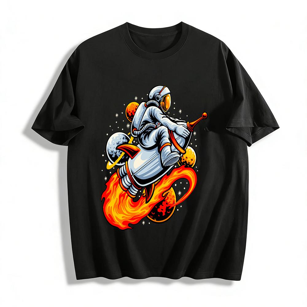Astronaut Riding Rocket Print Casual Space Themed T-Shirt Pure cotton T-shirt XXS