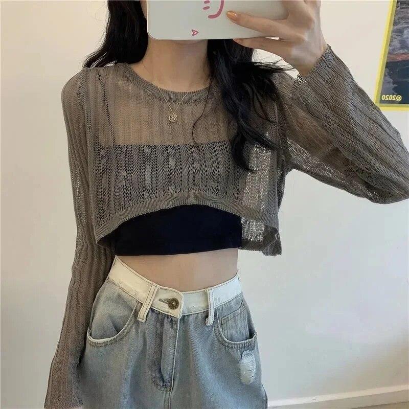 Long Sleeved Hollow Knit Sunscreen Blouse Slim Thin Pullover Women's Crop Top Simple Casual Commuting Spring Summer
