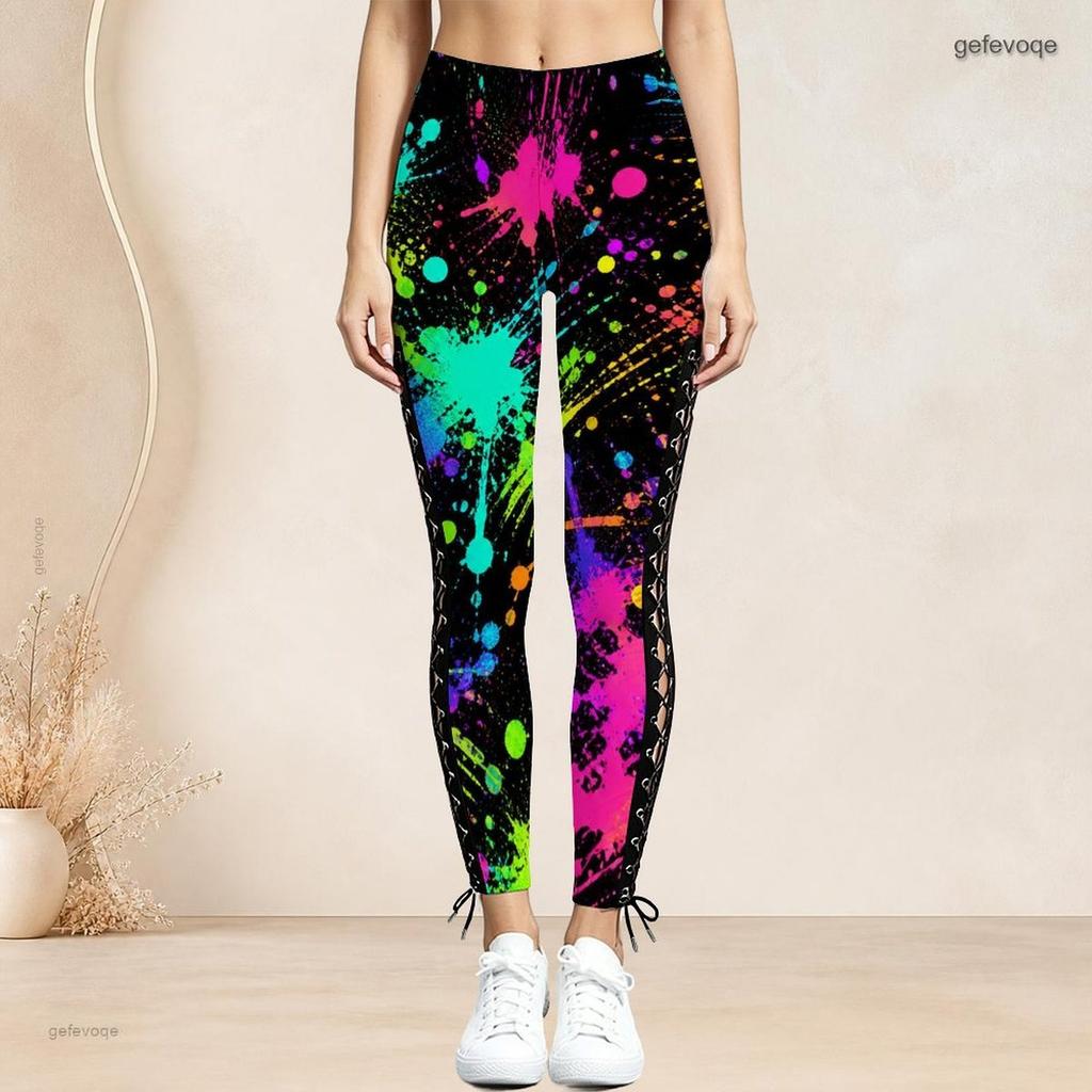 Women Plus Size High Waist Black Gold Printed Side Eyelet Lace Up Full Length Leggings
