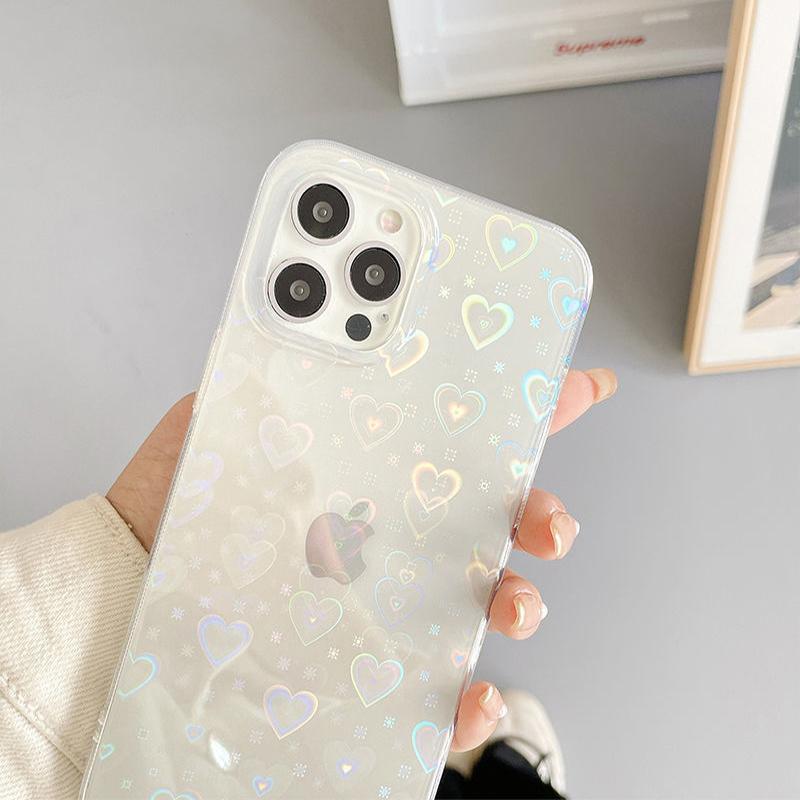 Fashion Gradient Laser Love Heart Pattern Clear Phone Case For iPhone 11 12 13 Pro Max X XS XR 7 8 Plus SE 2020 Shockproof Back