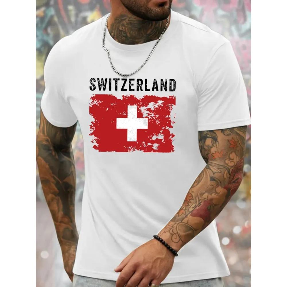 European Sizes Men's Swiss Flag Graphic T-Shirt - White with Red Cross Design, Casual Summer Tee, Regular Fit, Crew Neck, Lightweight & Breathable